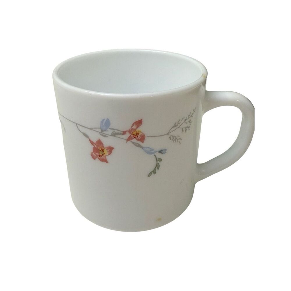 Odessa Arcopal Coffee Cup White Mug Blue & Pink Flowers France Vintage Milk Glas